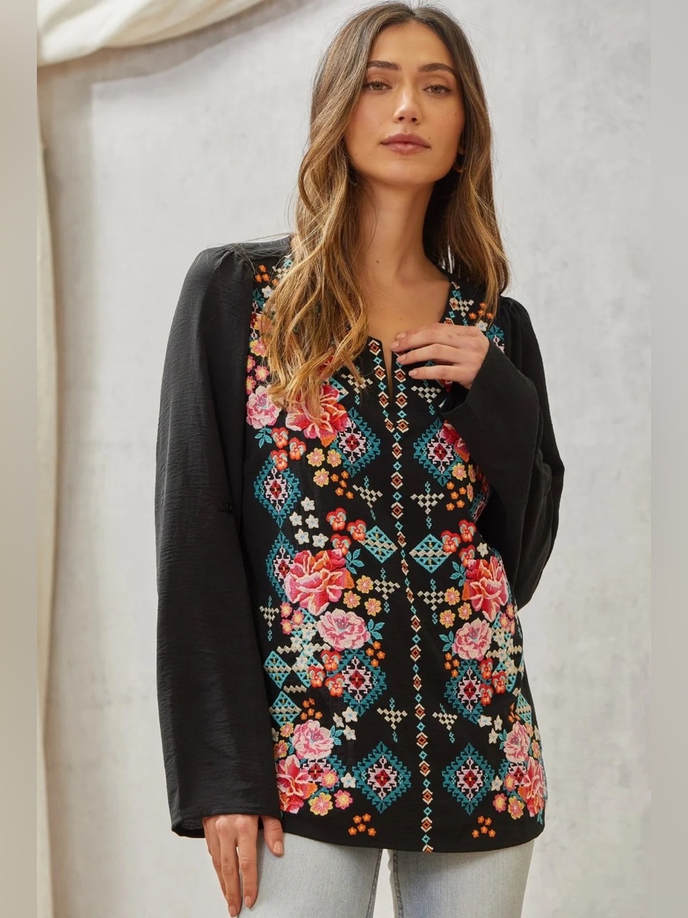 Savanna Jane Black Floral Embroidered V-Neck Roll Tab Sleeve Blouse Plus Size 3X